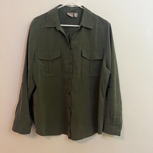 Chicos L Button Up Shirt Size 3 Green Roll Tab Sleeve Lagenlook Earthy Loose Fit